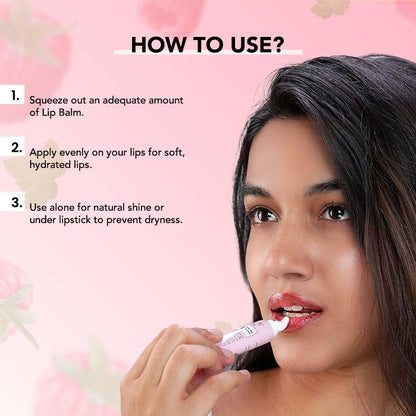 Woman applying lip balm with usage instructions on a pink floral background