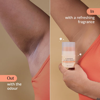 Before and after comparison of a person's armpit with a CARMENDE product held in the other hand.