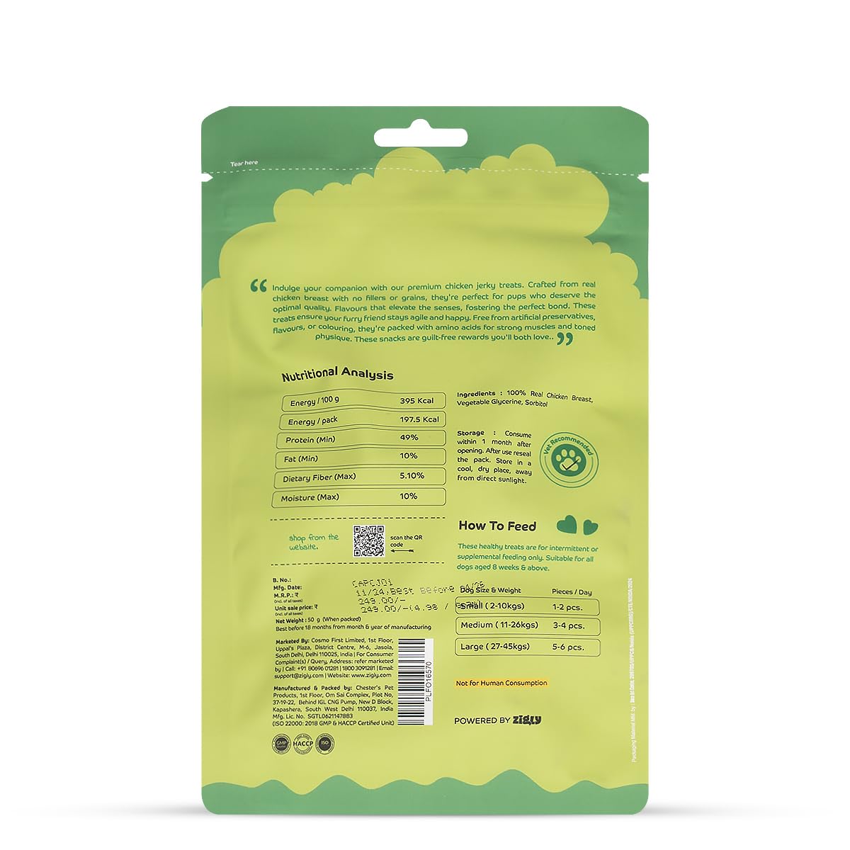 Applod Tender Chicken Jerky Breast Dog Treats | Made with Real Chicken Breast | High-Protein, Low-Fat Grain-Free Reward Snacks for Dogs | 50g
