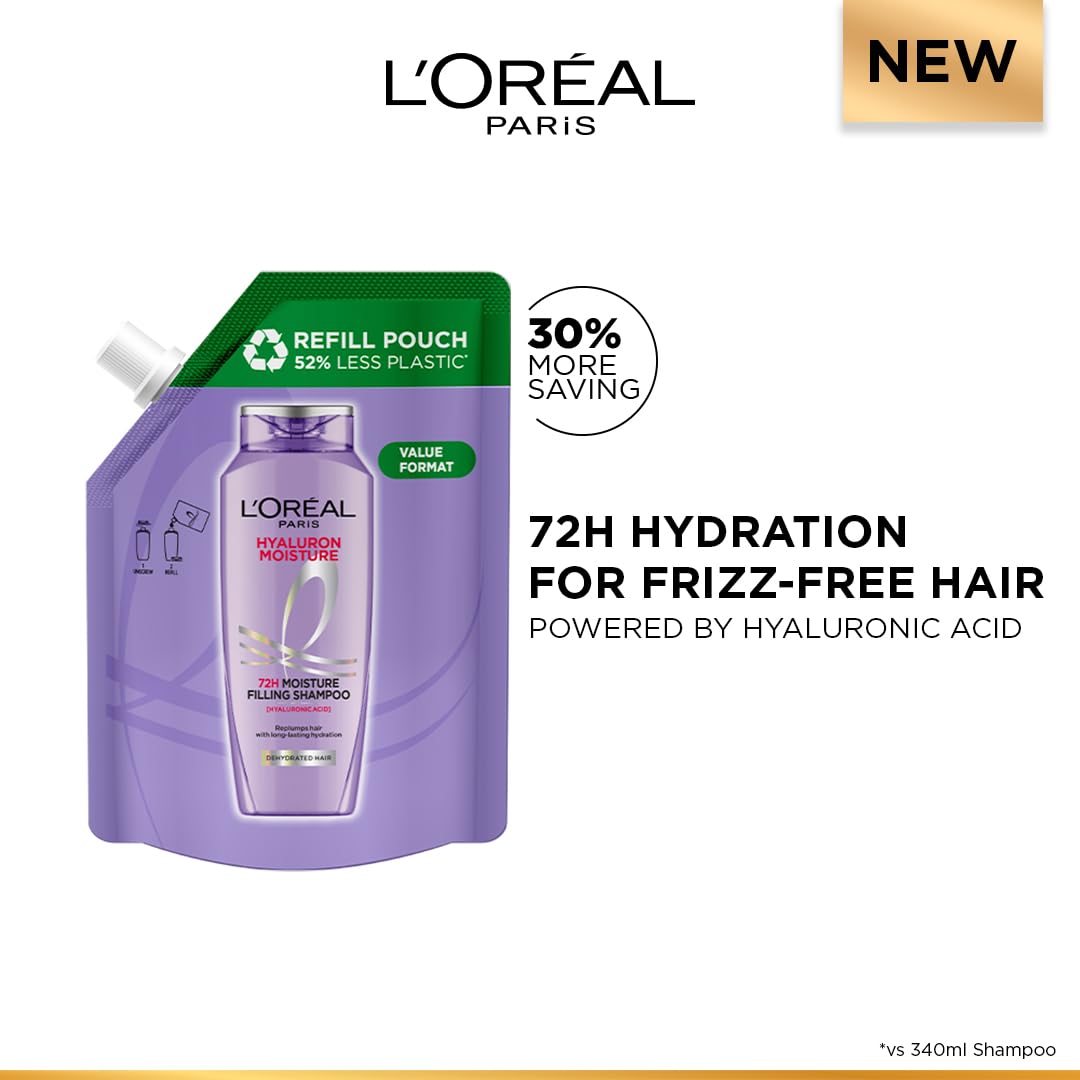 L'Oreal Paris shampoo refill pouch with text highlighting hydration benefits on a white background