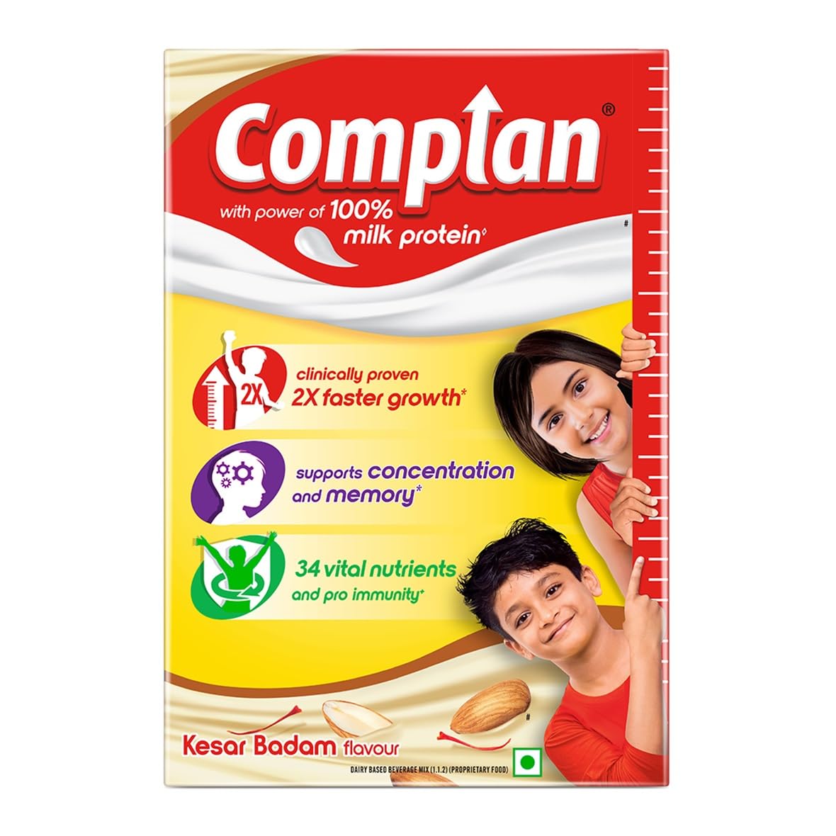 Complan Nutrition Drink Powder for Children, Kesar Badam Flavour, 500 g Carton | Nutrition drink for kids with protein & 34 vital nutrients with free Shaker