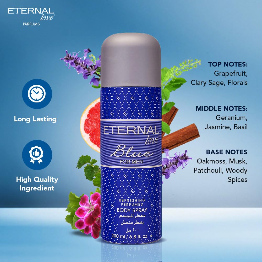 Body spray bottle with 'Eternal Love' branding on a blue background with floral and citrus elements.