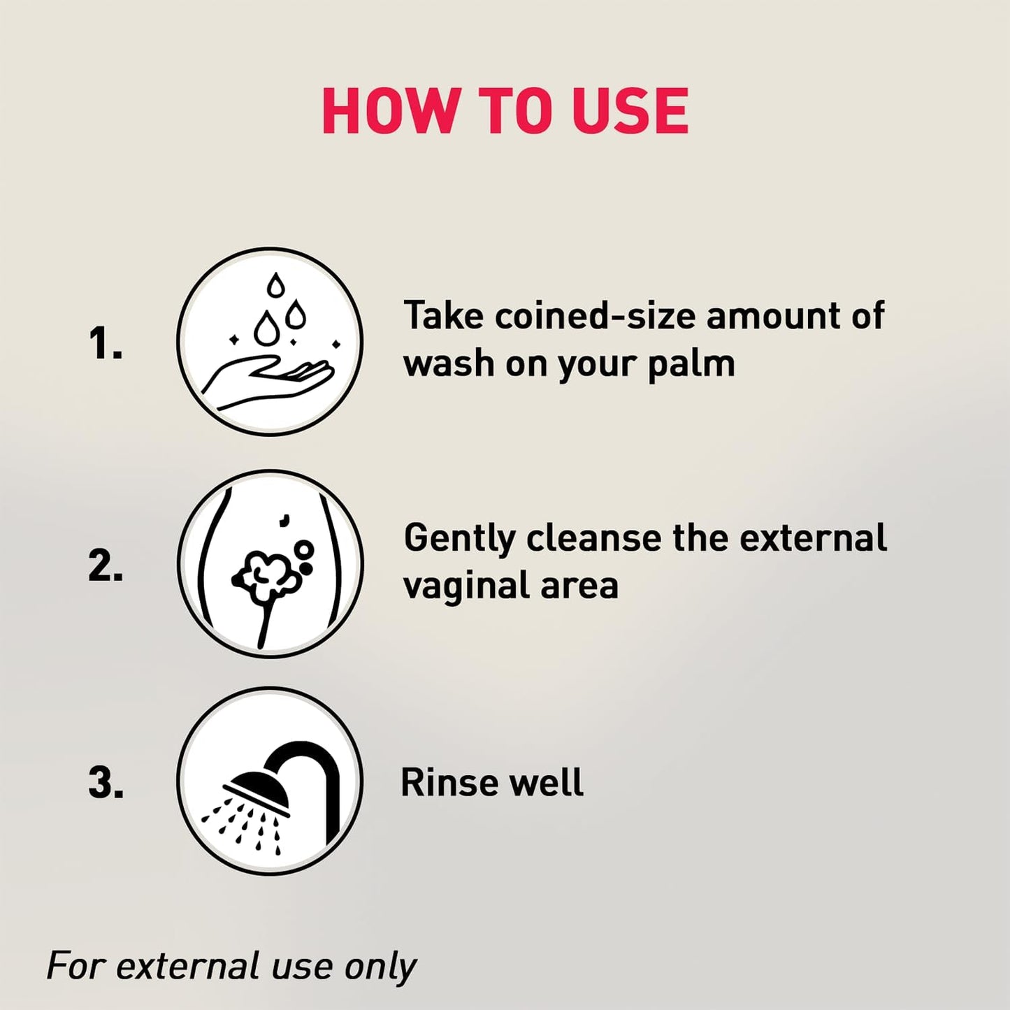 Instructions on how to use a product for external application, shown with icons and text.