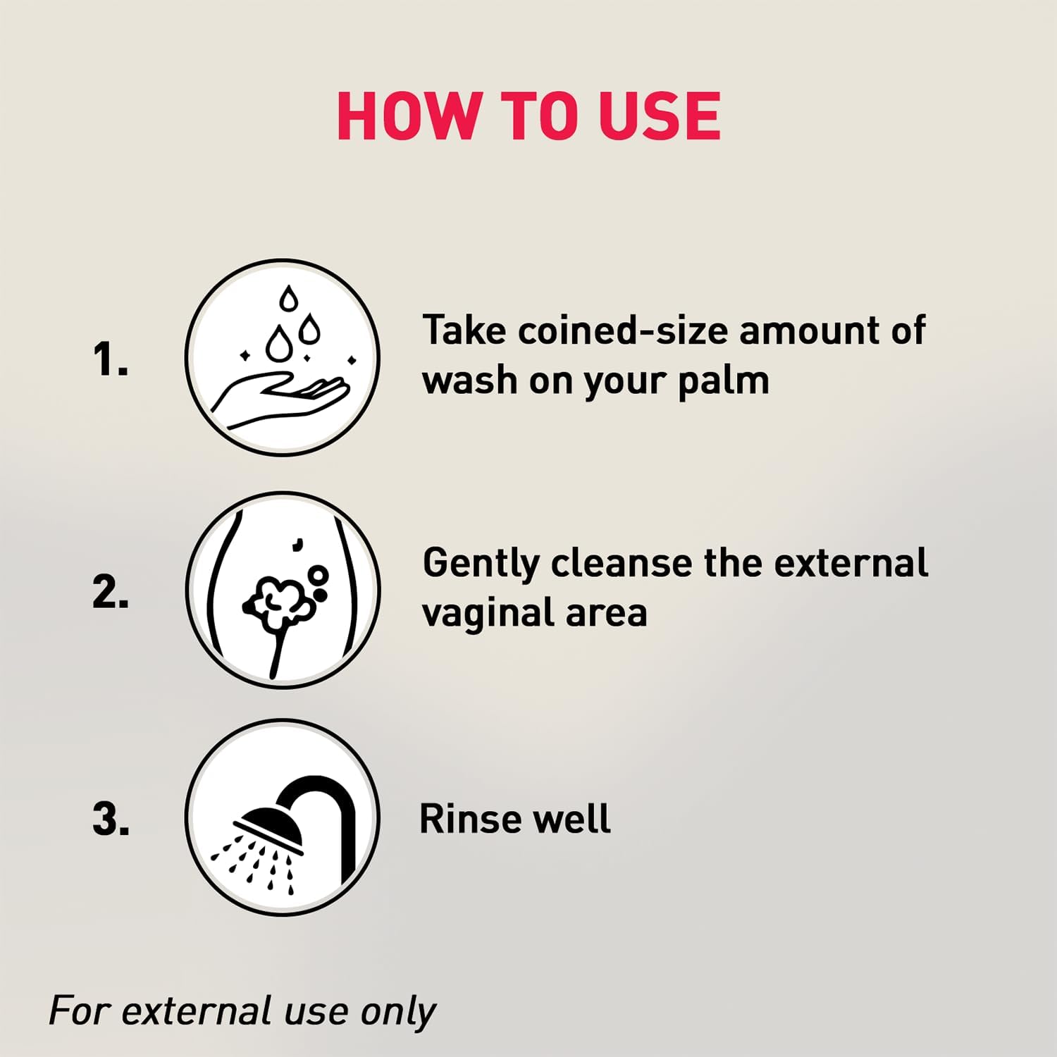 Instructions on how to use a product for external application, shown with icons and text.