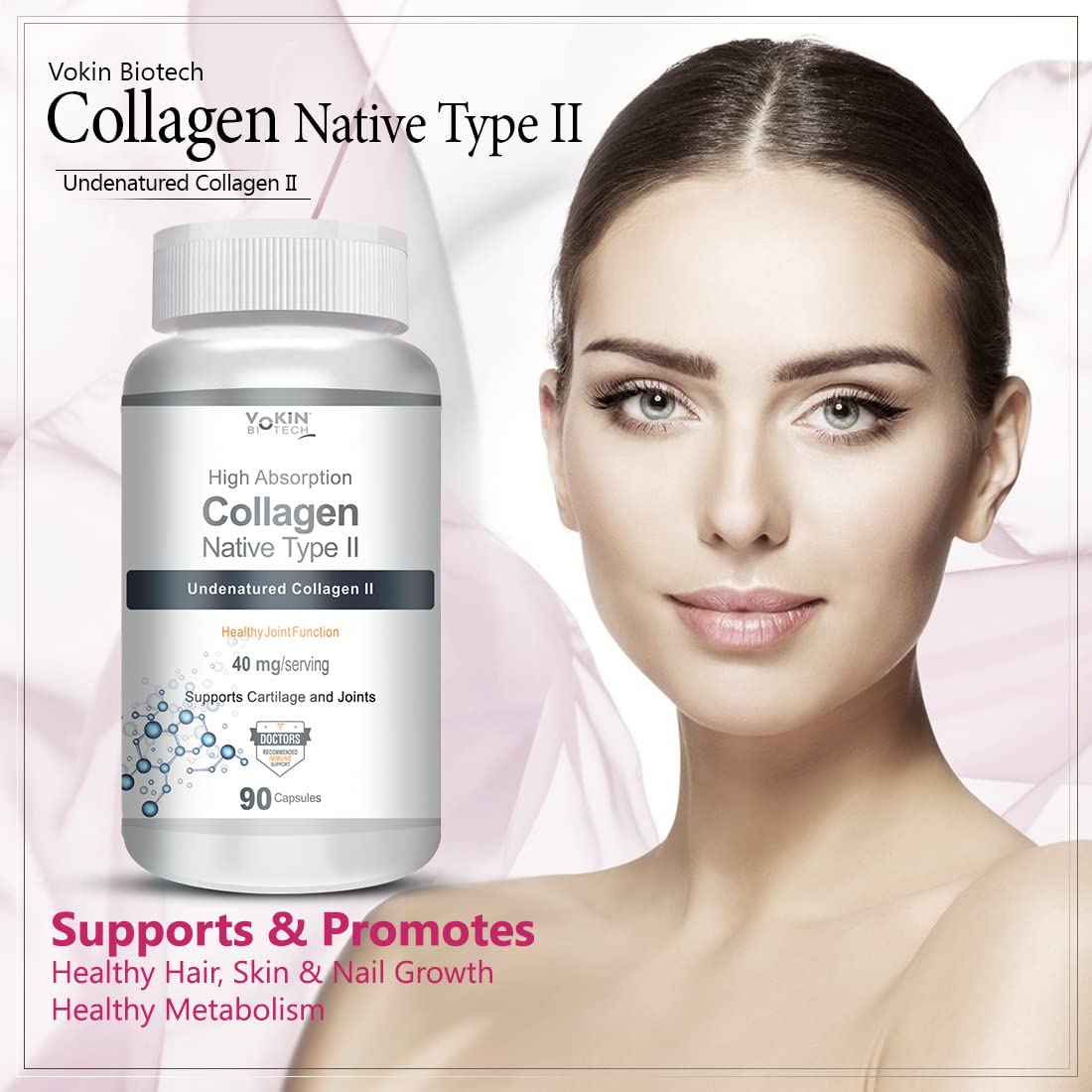 Vokin Biotech Collagen Native Type II supplement bottle with a model displaying benefits on a light background
