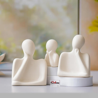 eCraftIndia Set of 3 White Ceramic Handcrafted Happy Family Statue Sculpture | Thinking Face People Figurines Home Decor Items Showpiece for Living Room Bedroom Table Shelf TV Unit | Gift for Birthday