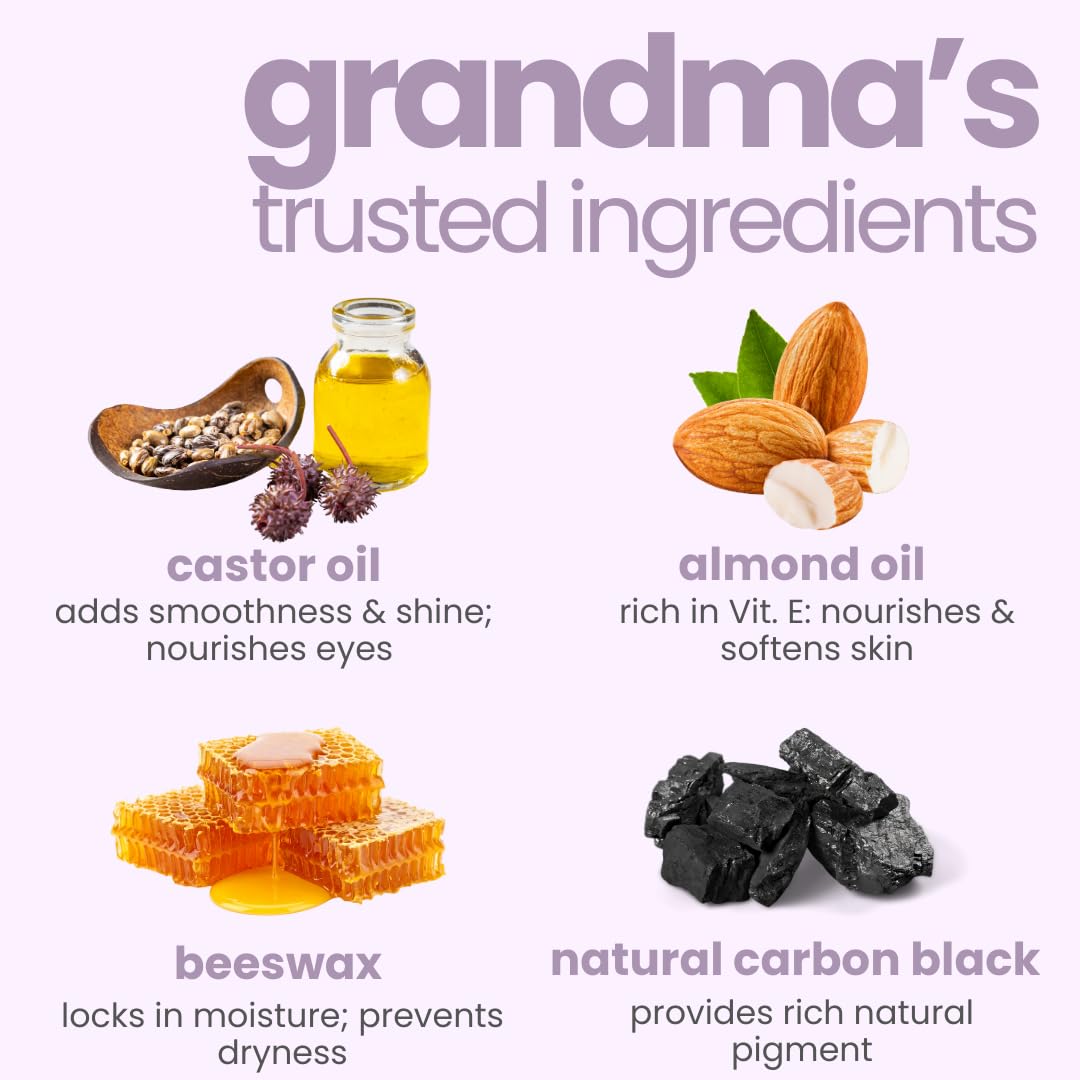 Illustration of 'Grandma's Trusted Ingredients' with castor oil, almond oil, beeswax, and natural carbon black.