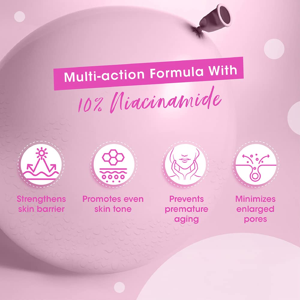 Product with text about a multi-action formula containing 10% Niacinamide on a pink background.