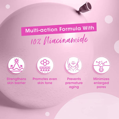 Product with text about a multi-action formula containing 10% Niacinamide on a pink background.