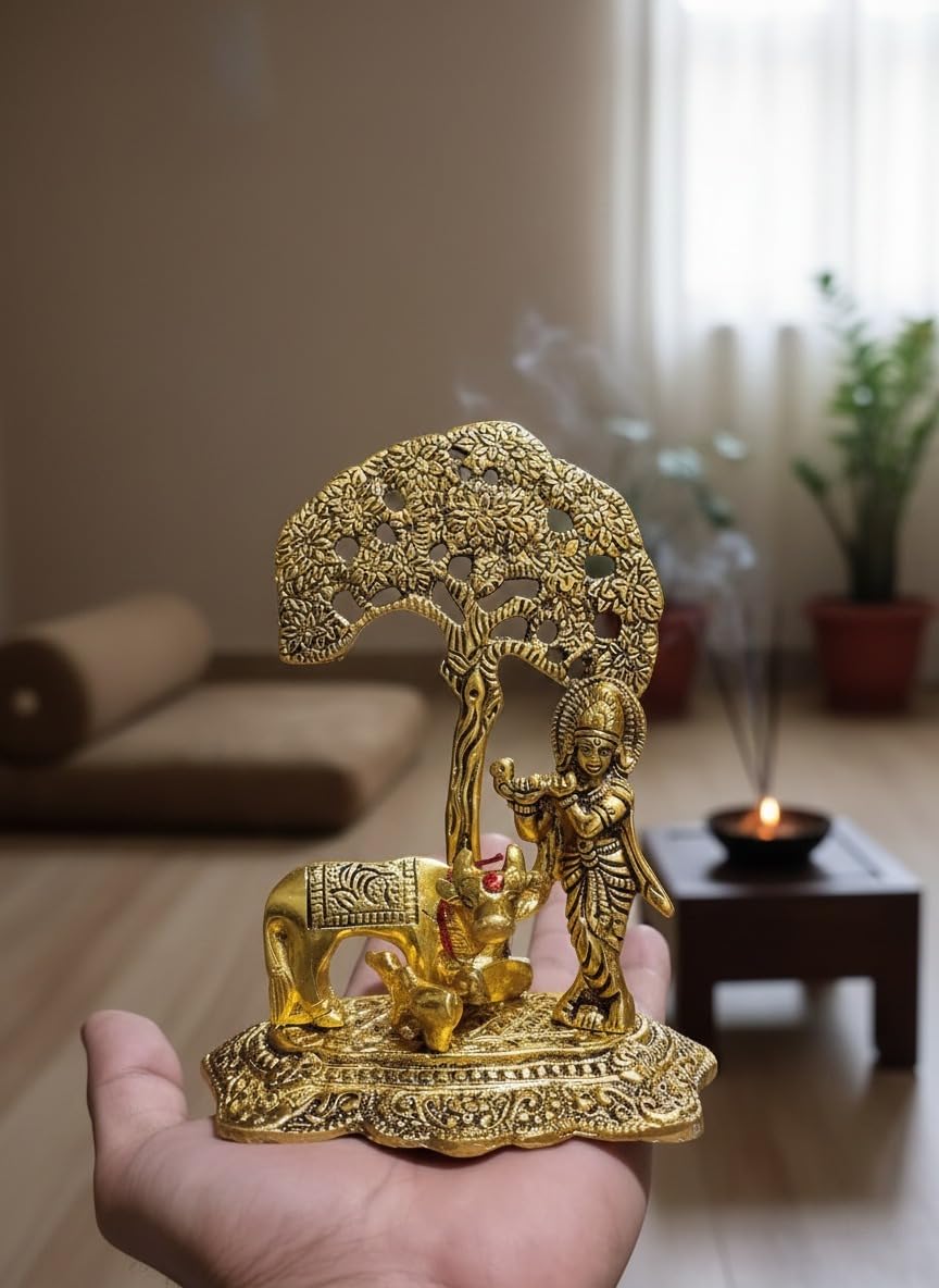 Premium Golden Finish Metal Krishna Playing Flute with Cow Sculpture, Decorative Hindu God Murti for Mandir, Office, Festive Gift and Home Decoration