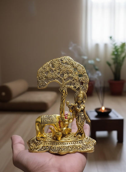 Premium Golden Finish Metal Krishna Playing Flute with Cow Sculpture, Decorative Hindu God Murti for Mandir, Office, Festive Gift and Home Decoration