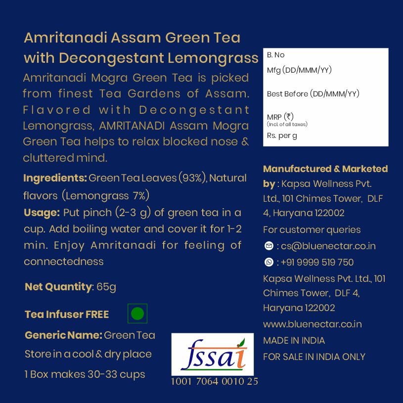 Blue Nectar Decongestant Lemongrass Green Tea Loose Leaves, Sourced from Assam Tea Garden | Eco Friendly Glass Jars with Green Tea Infuser (65g)