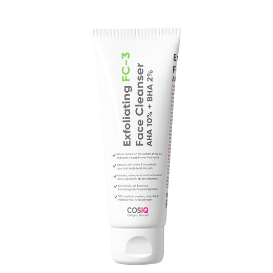 Cos-IQ Exfoliating Face Wash for Oily & Dry Skin | 2% Salicylic Acid BHA & 10% Glycolic Acid AHA | Sulphate-Free Anti-Acne Face Cleanser for Acne, Pimples, Skin Brightening, Dirt & Oil Control | 100ml