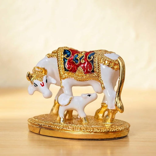 Resin Kamdhenu Cow with Calf Statue for Vastu & Good Luck Show Piece | Idol for Home Decor & Housewarming & Wedding Return Gift (3 Inches) (White)