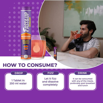Fast&Up Multivitamin supplement with consumption instructions and a person drinking a drink.