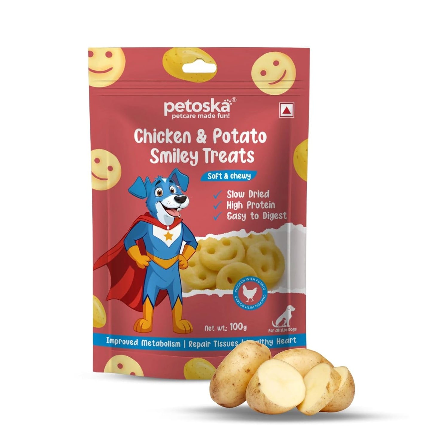 Petoska Chicken & Potato Smiley Treats- 100gms | Healthy Dog Snacks | Fresh Chicken & Potato | Supports Digestion & Energy | Ideal for Training