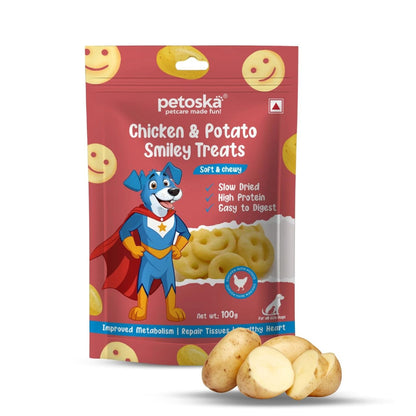 Petoska Chicken & Potato Smiley Treats- 100gms | Healthy Dog Snacks | Fresh Chicken & Potato | Supports Digestion & Energy | Ideal for Training