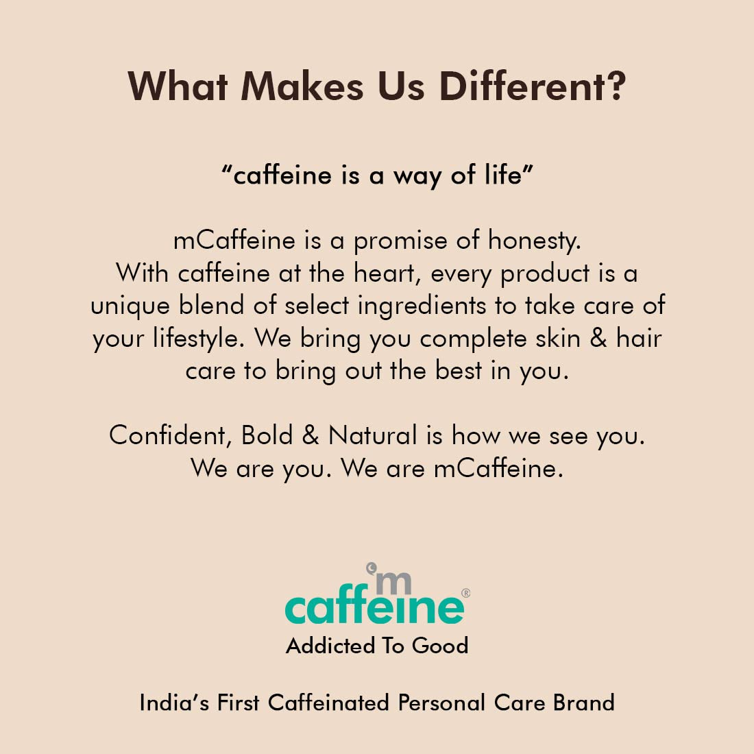 Promotional text for mCaffeine personal care brand on a beige background