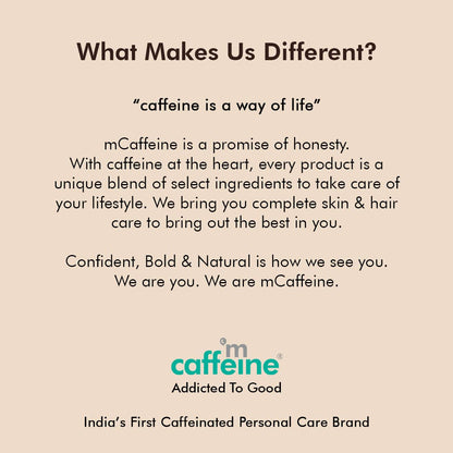 Promotional text for mCaffeine personal care brand on a beige background