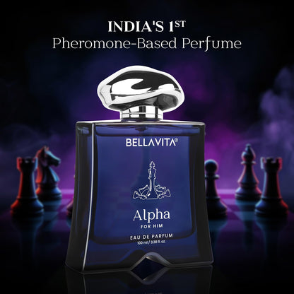 Bottle of Bellavita Alpha for Him Eau de Parfum with chess pieces in the background