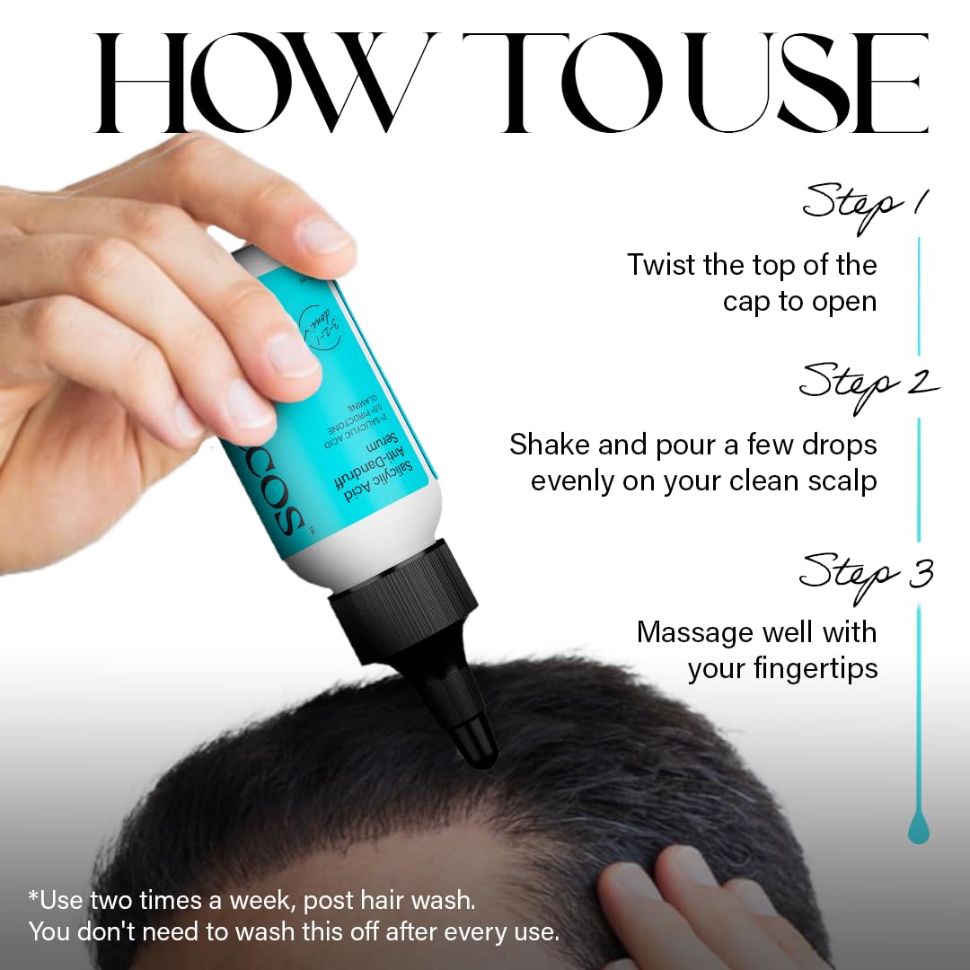 Instructions on how to use a hair care product with a hand holding the bottle and applying it to scalp.