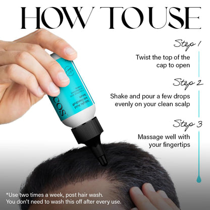Instructions on how to use a hair care product with a hand holding the bottle and applying it to scalp.