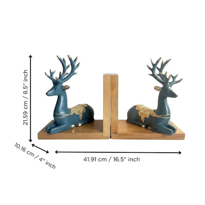 eCraftIndia Wooden Book End with Resin Reindeer Sculptures Showpiece for Home Decor Office Table | Gift for Housewarming Birthday