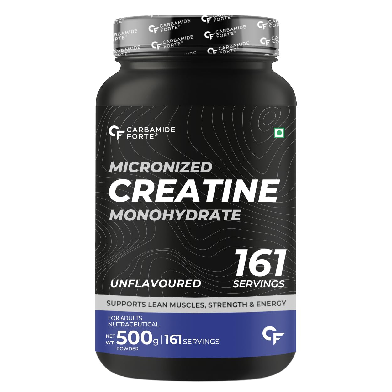Black supplement bottle labeled 'Micronized Creatine Monohydrate' with branding on a white background