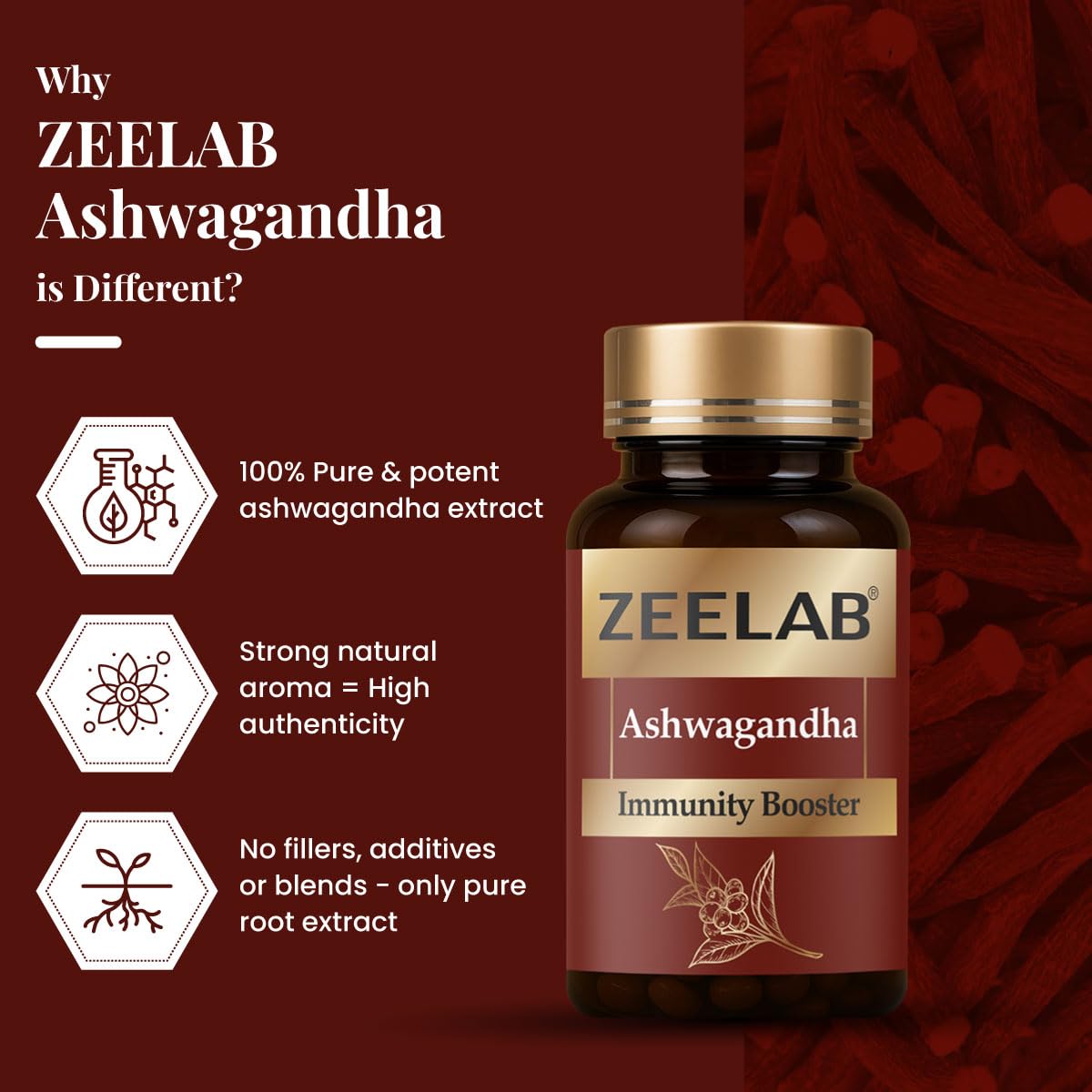 Zeelab Ashwagandha supplement bottle with product features on a red background