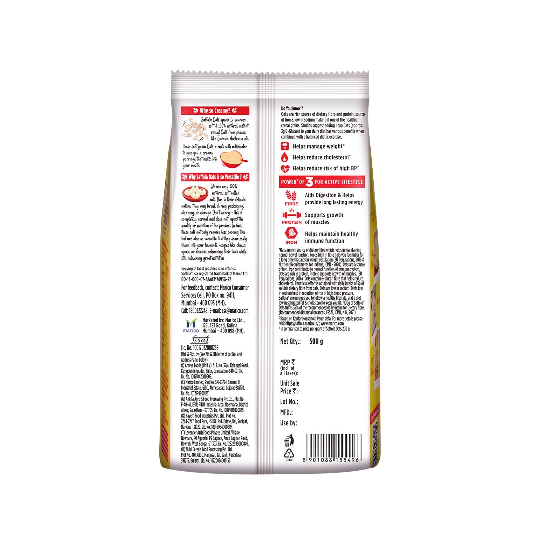 Saffola Oats, 13g High Protein, 10g High Fibre | Instant Rolled Oats | Soft and Creamy | Helps manage weight
