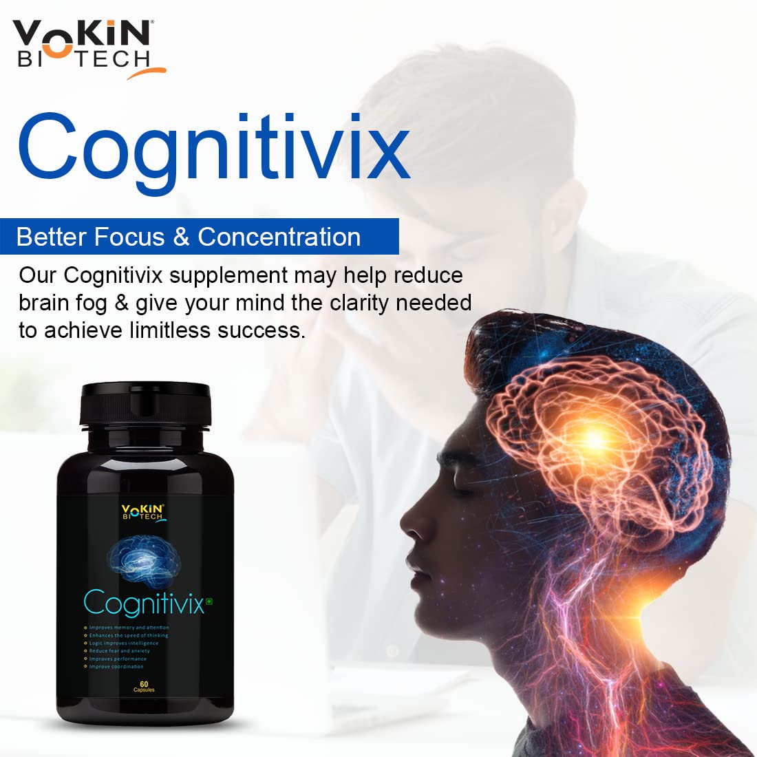 Vokin Biotech Cognitivix supplement bottle with a brain illustration on a white background