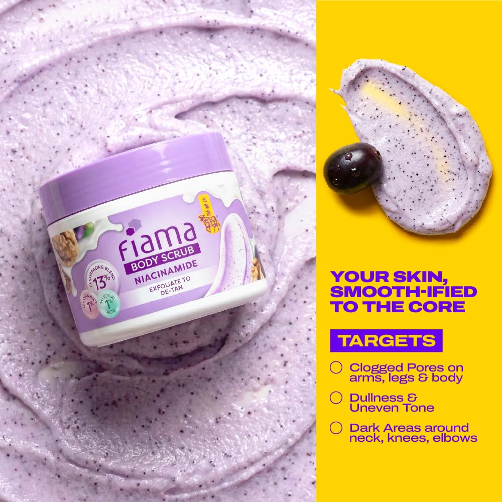 Fiama Detan Body Scrub 200g, 1% Niacinamide + 1% Salicylic Acid, Chemical + Physical Exfoliation, 13% Resurfacing Blend, Sun-Tan Removal & Instant Brightness, Gourmet Fragrance