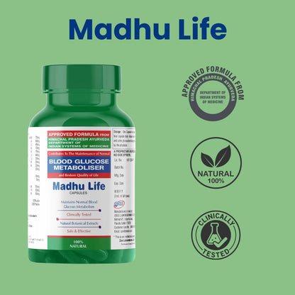 Green bottle of Madhu Life supplement with certification logos on a green background