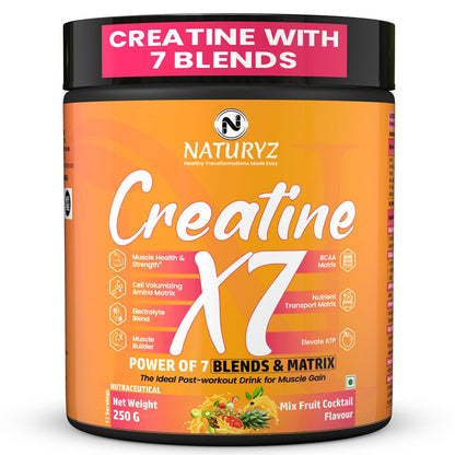 Naturyz Creatine X7 supplement container with orange and black design