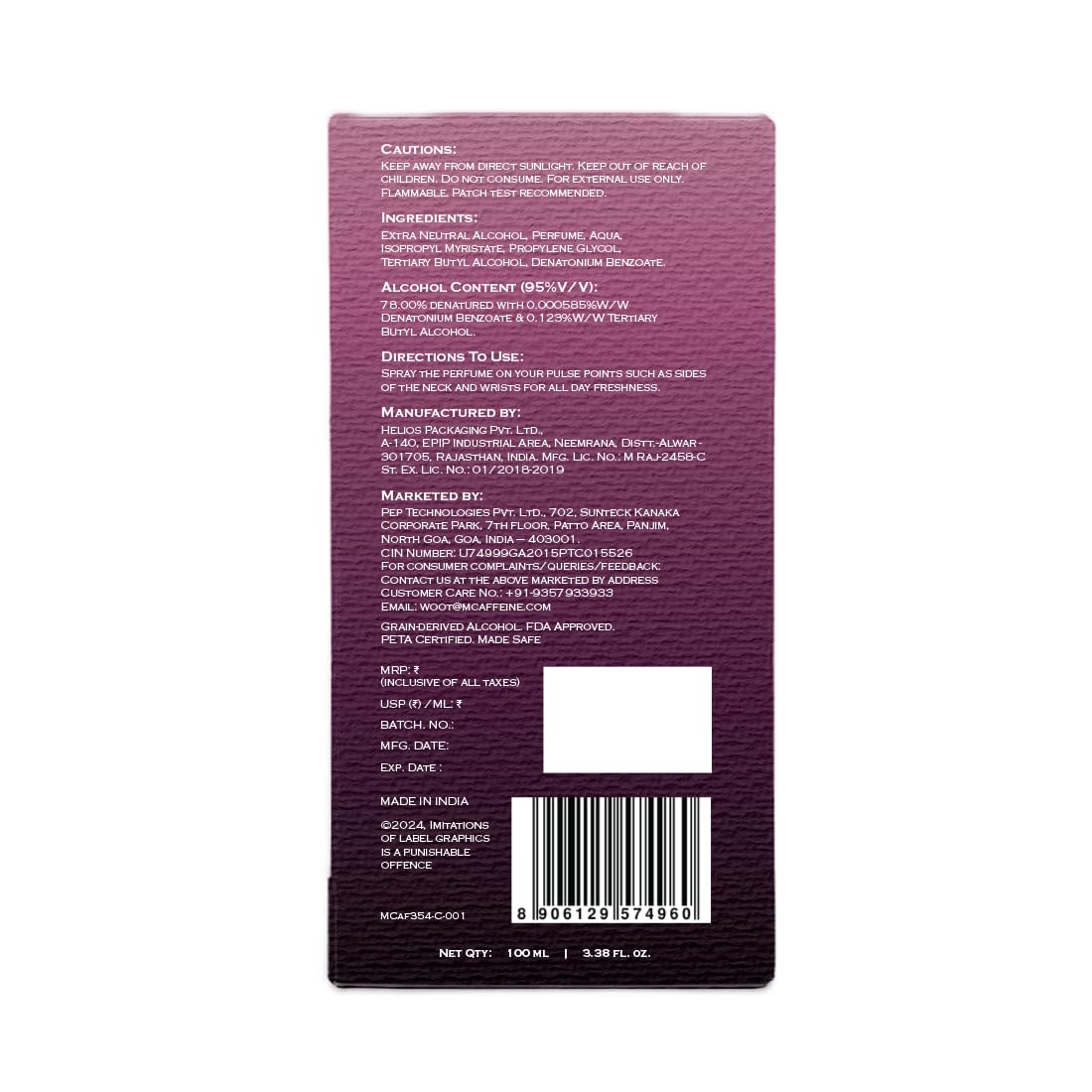 Back label of a perfume bottle with text and barcode on a white background