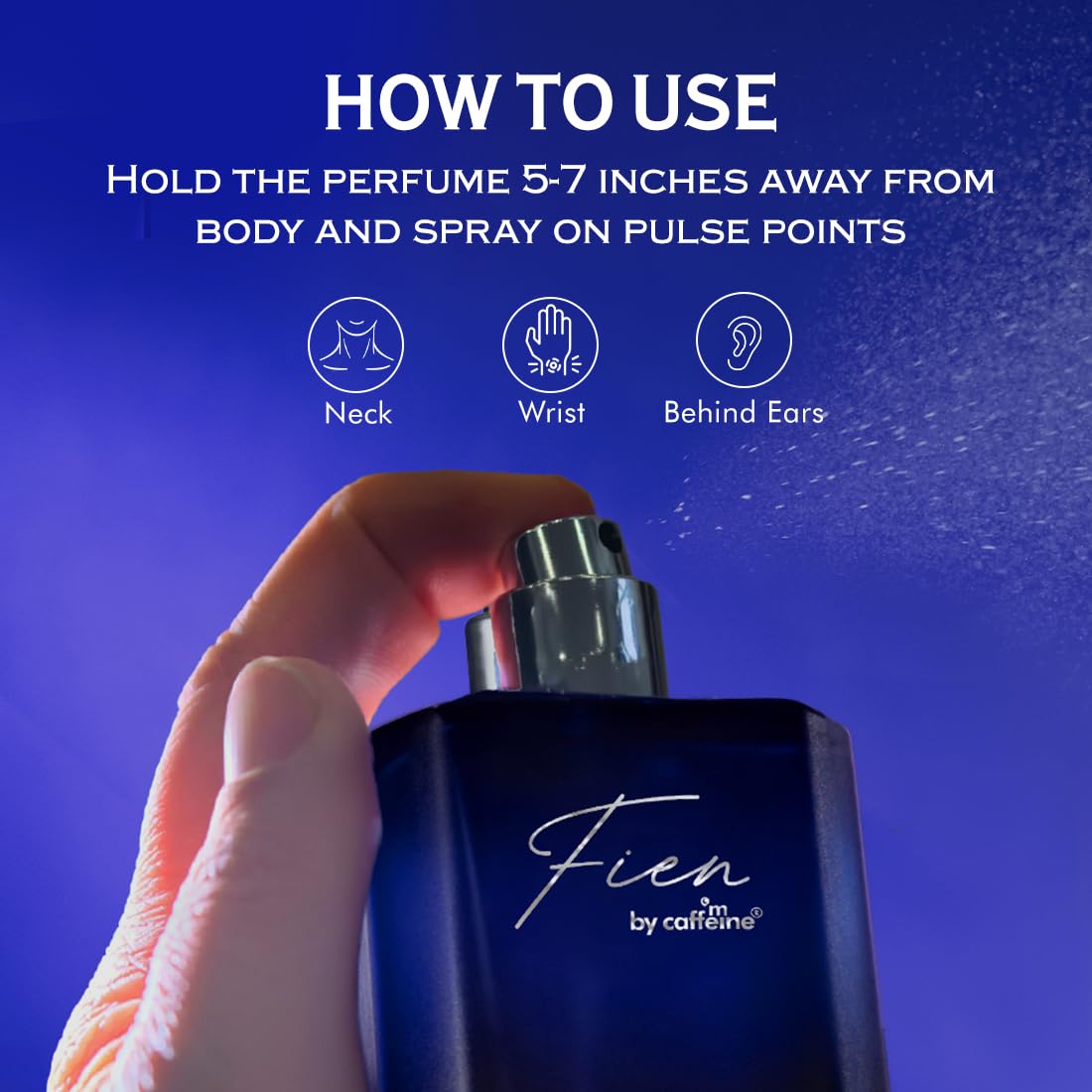 Perfume bottle with usage instructions on a blue background