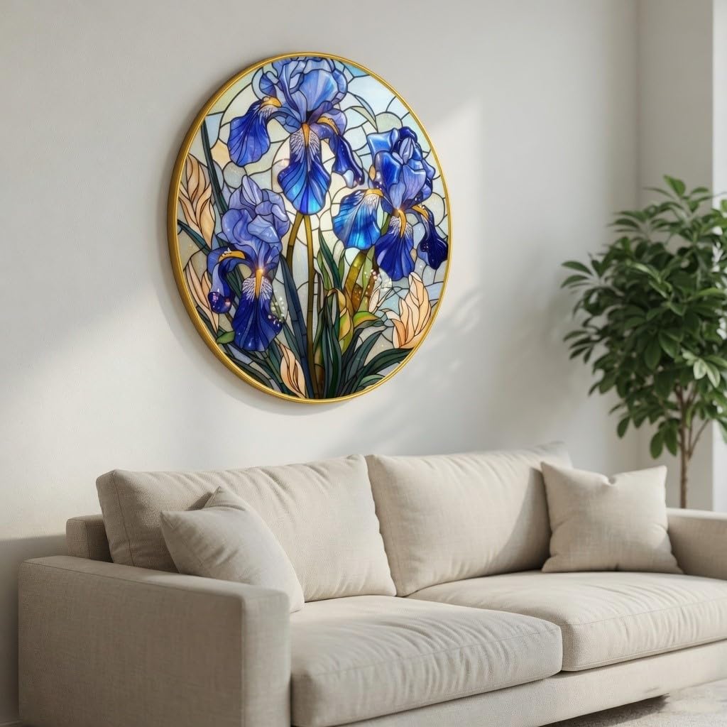 Blue Iris Flower Wall Painting with Golden PVC Frame Round Floral Art Stained Glass Style Modern Decor for Living Room Bedroom Office Home Decorative Gift Item (16 x 16 Inch) GRM-361
