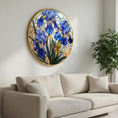 Blue Iris Flower Wall Painting with Golden PVC Frame Round Floral Art Stained Glass Style Modern Decor for Living Room Bedroom Office Home Decorative Gift Item (16 x 16 Inch) GRM-361