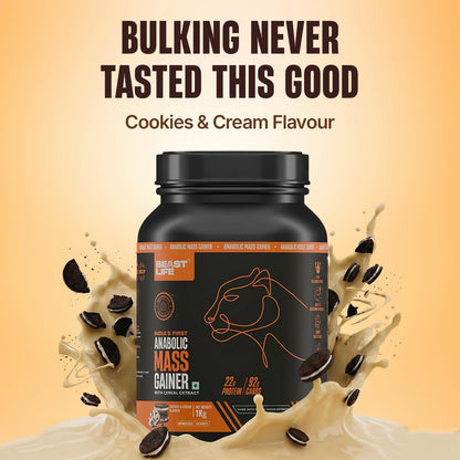 BeastLife High Protein Mass/Weight Gainer | 1 KG | Cookies & Cream | NABL LAB Tested | For Muscle Gain & Fast Growth | Cereal-Based Formula, No Maltodextrin | India's #1 Cereal Based Bulk Gainer
