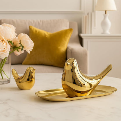 Ceramic Golden Blessing Birds Figurine for Home Decor | Ceramic Figurines - (Set of 2 Piece, Golden)