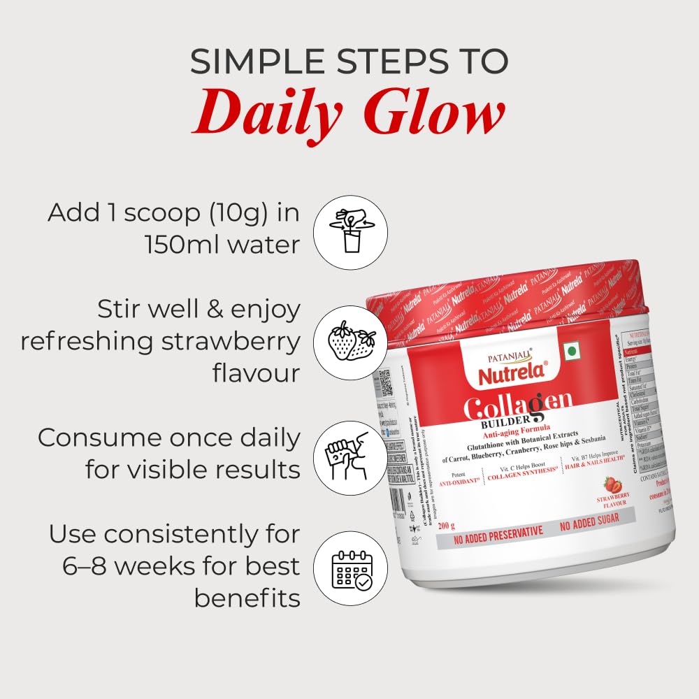 NUTRELA Collagen Builder For Men & Women|Patanjali Collagen Supplement Powder For Healthy Skin,Hair & Nails - 200 G (Strawberry Flavour,1 Count,20 Servings)