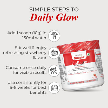 NUTRELA Collagen Builder For Men & Women|Patanjali Collagen Supplement Powder For Healthy Skin,Hair & Nails - 200 G (Strawberry Flavour,1 Count,20 Servings)