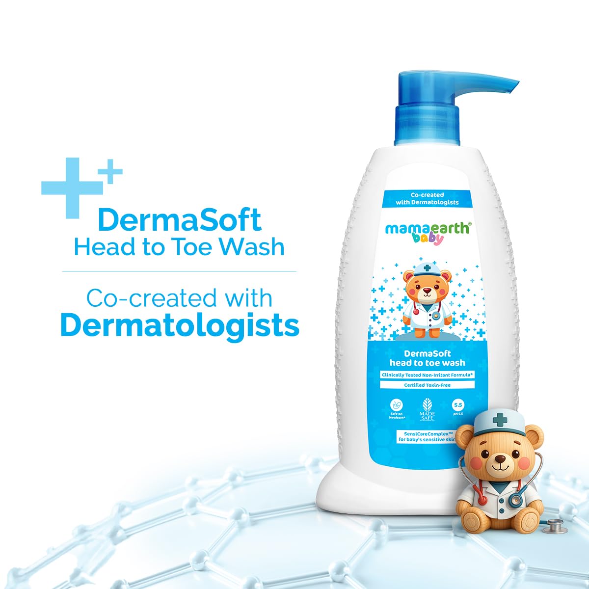 Mamaearth Baby DermaSoft Head to Toe Wash with SensiCareComplex™ for Baby's Sensitive Skin - 250 ml | Co-created with Dermatologists for Newborns | Enriched with SensiCareComplexTM for Baby's Sensitive Skin | Safe and Non-irritant formula*