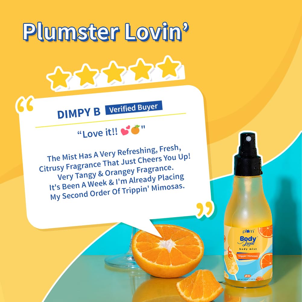 Plum BodyLovin' Trippin' Mimosas Body Mist | Long Lasting Citrus Fragrance For Women & Men With Grapefruit, Red Berries & Musk | High On Fun | Travel-Friendly Perfume Body Spray 150 ml