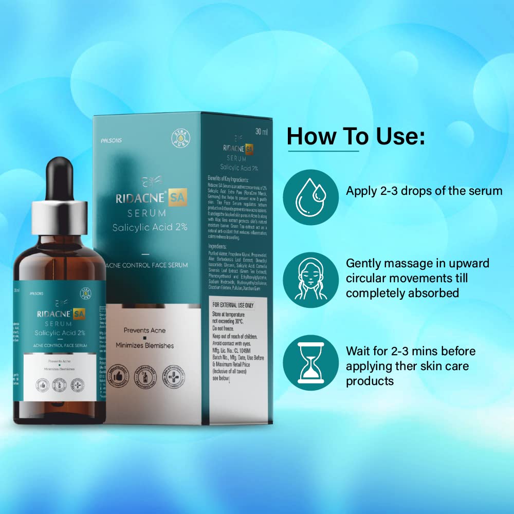 RIDACNE SA SERUM WITH SALICYLIC ACID 2%, ALOE VERA & GREEN TEA EXTRACT - Acne Control Face Serum | Reduces Blackheads and Whiteheads | Minimizes Blemishes | Prevents Acne, 30ml