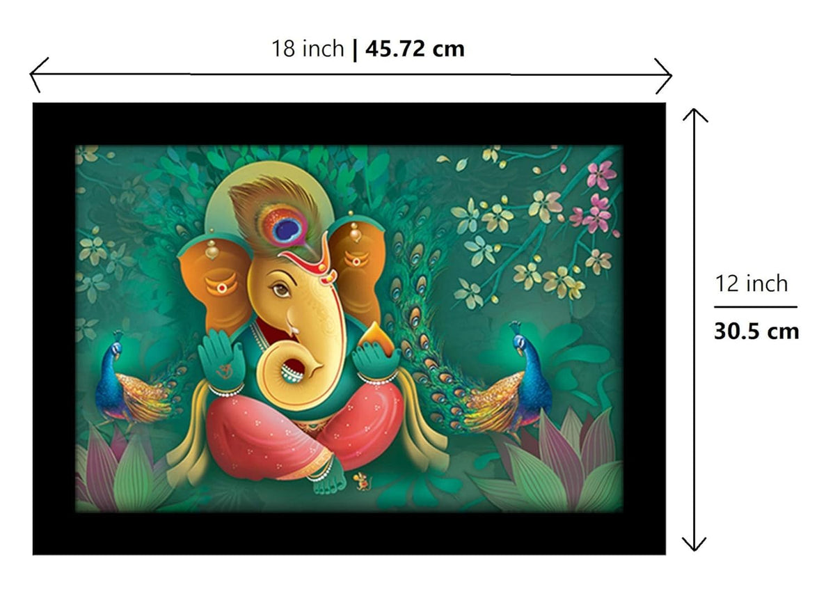 Wood Religious Ganesha Art Framed Ready to Hang Painting (Multicolour, 12inch x 18 inch)