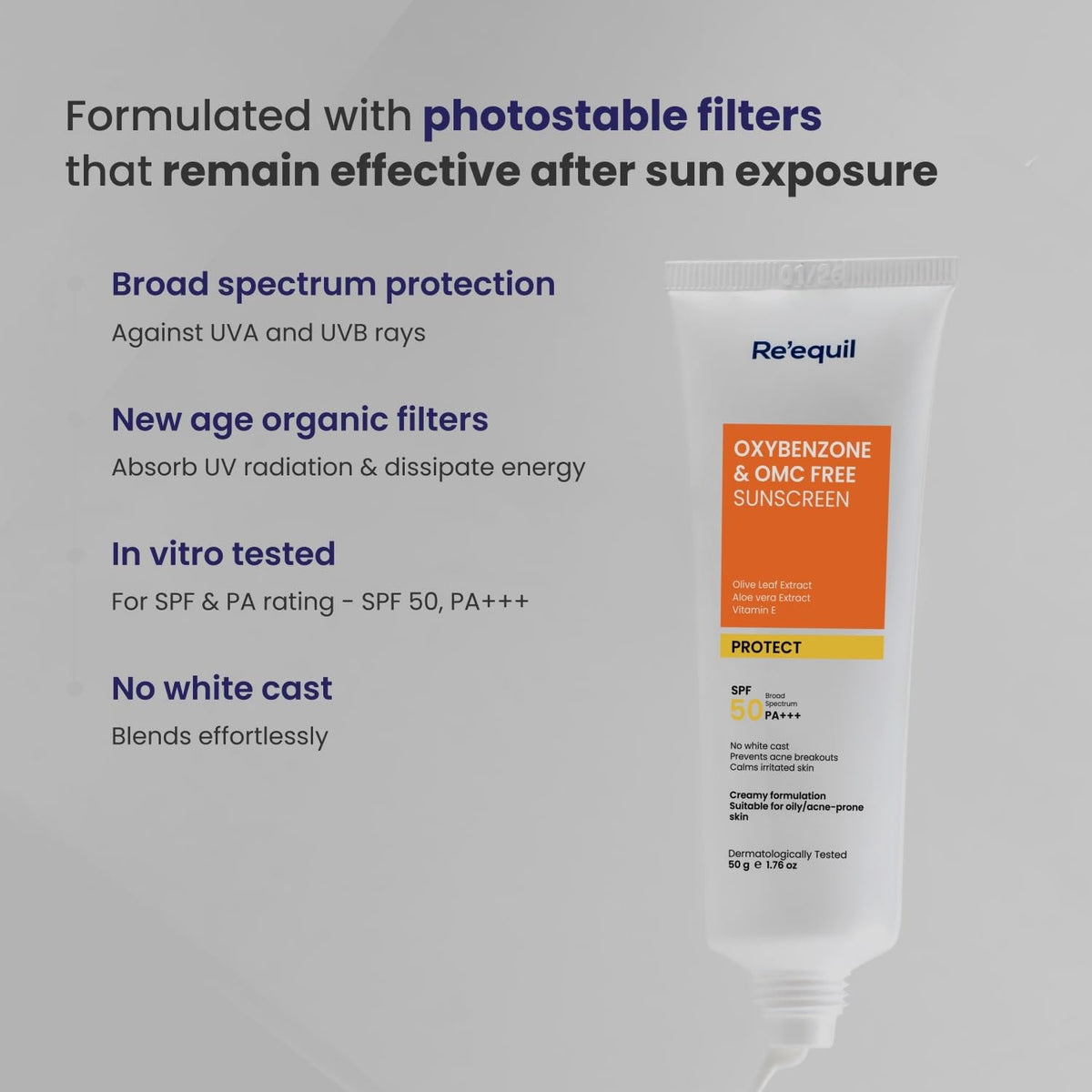 Re'equil sunscreen tube with text about photostable filters and benefits on a gray background