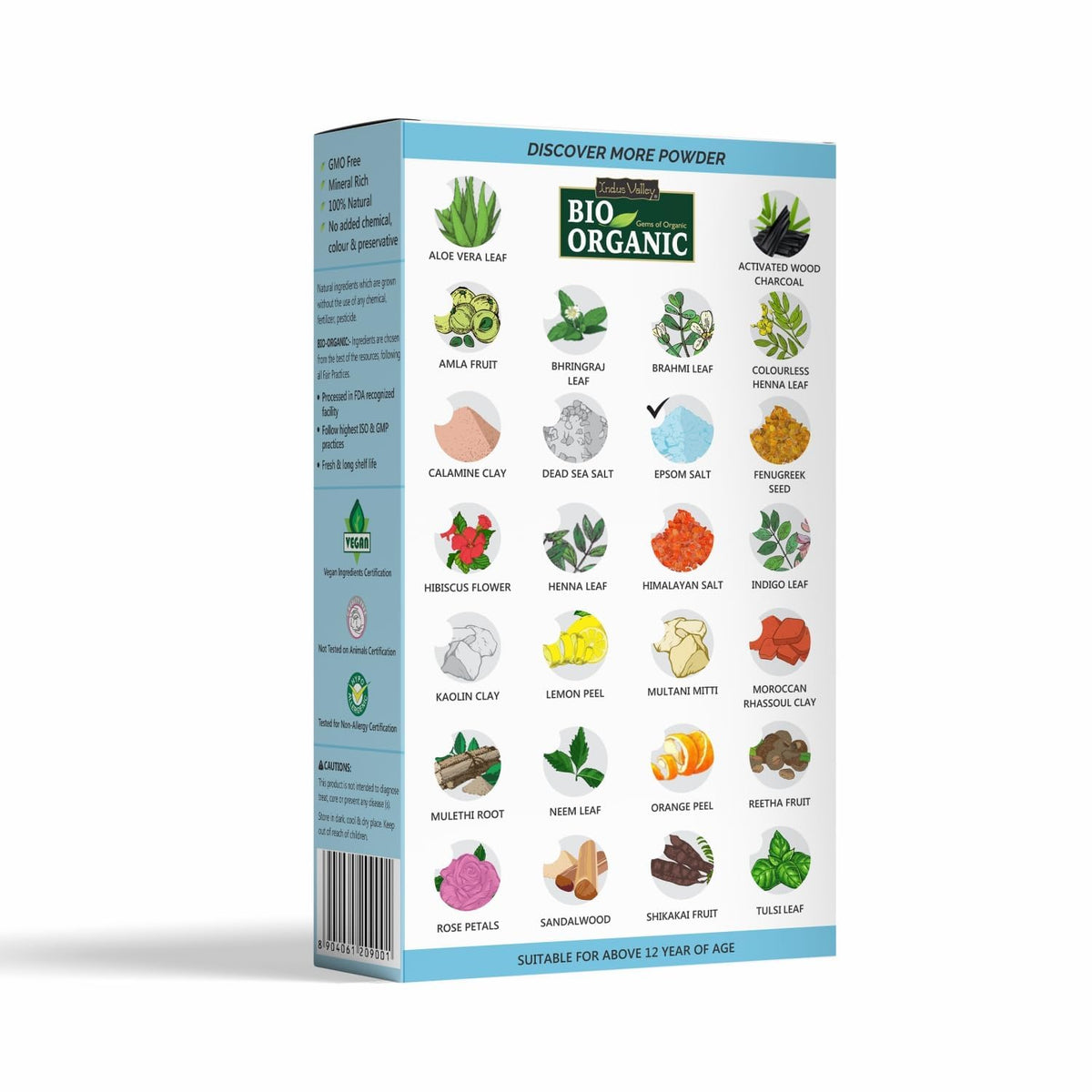 Bio Organic powder packaging with various ingredient icons on a white background