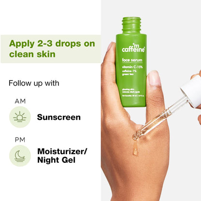 Green face serum bottle with dropper being applied to skin, labeled 'fme caffeine'.