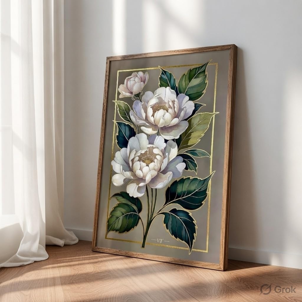Elegant White Floral Botanical Wall Art with Wooden Frame | Luxury Flower HD UV Laminated Print on MDF | Modern Aesthetic Decor for Living Room Bedroom Office 13.5 Inch x 19.5 Inch